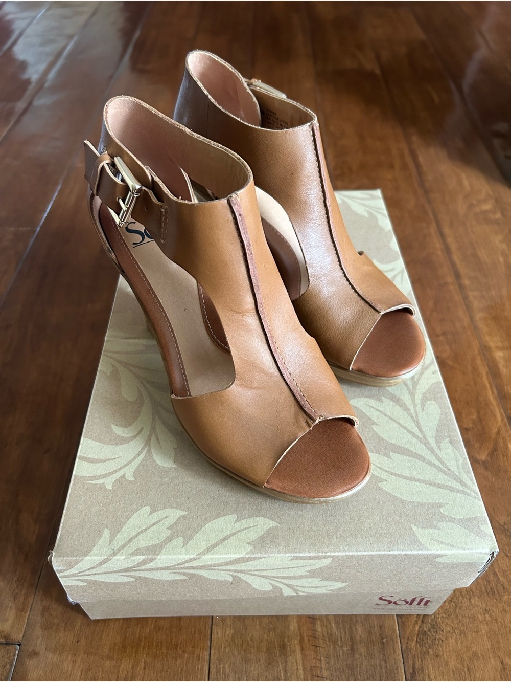 Sofft Tan Leather Open-Toe Slingback Heels with Side Cutouts